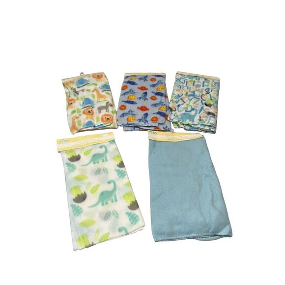 Lot Of 5 Angel of Mine 30 x 30 Fleece Baby Blankets Blue Multicolored - Picture 1 of 4